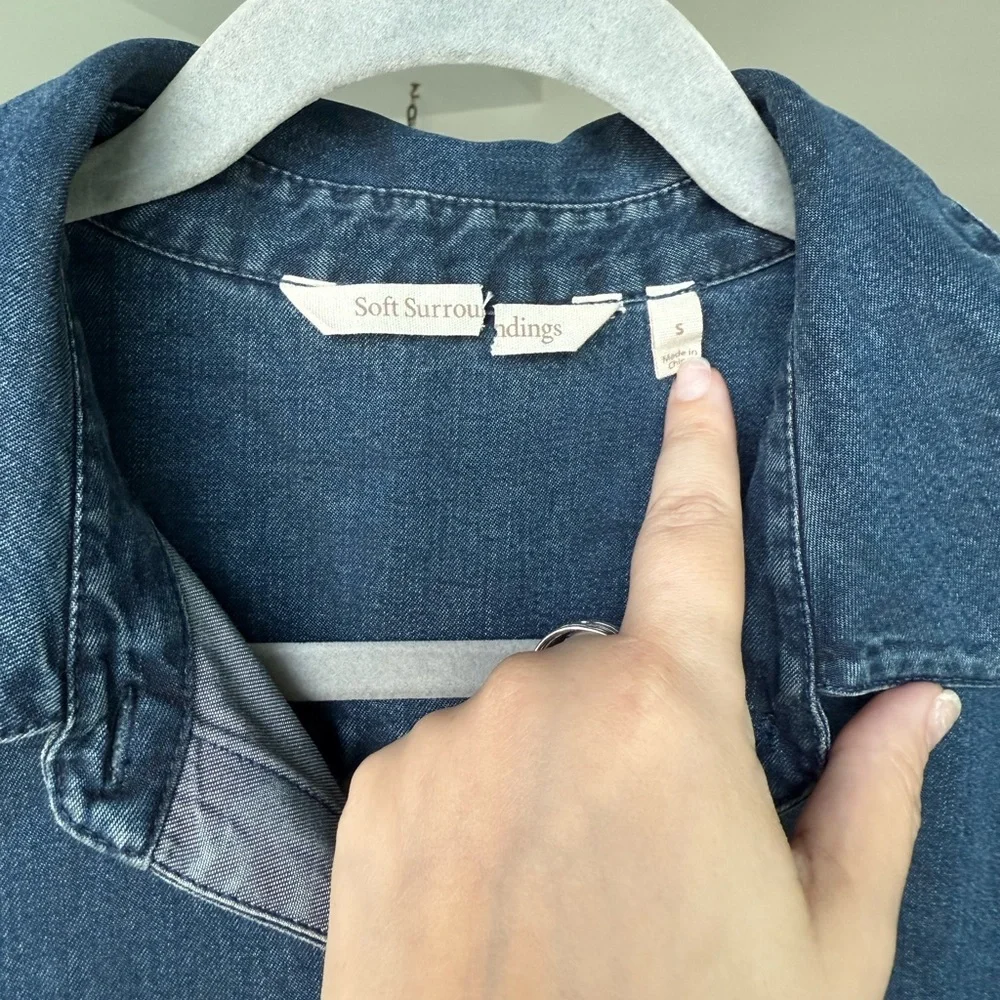 Soft Surroundings Denim Short Sleeve Button Shirt Dress Womens S Blue Midi Slit - Picture 4 of 14